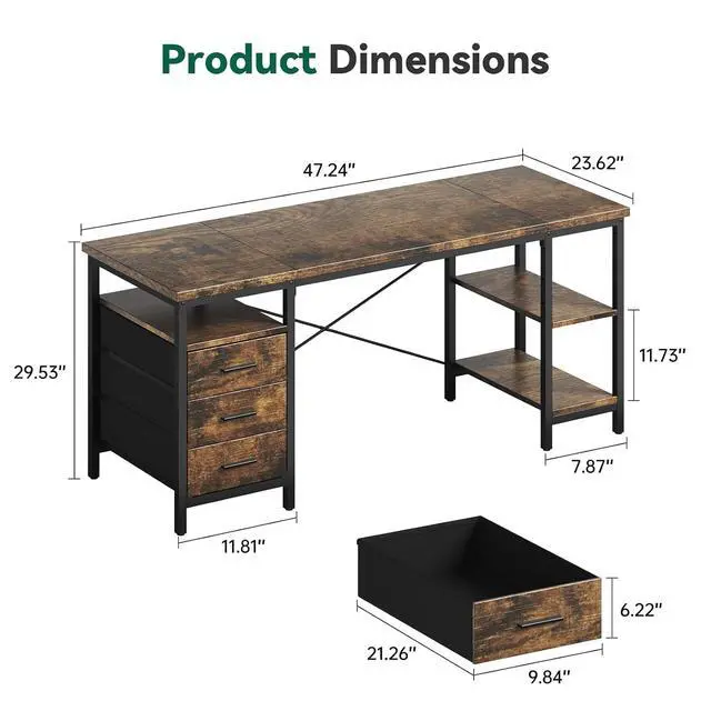 Alt view image 2 of 7 - 47" Computer Desk, Home Office Desk with 3 Reversible Storage Shelves and Drawers, Small PC Table for Bedroom, Brown