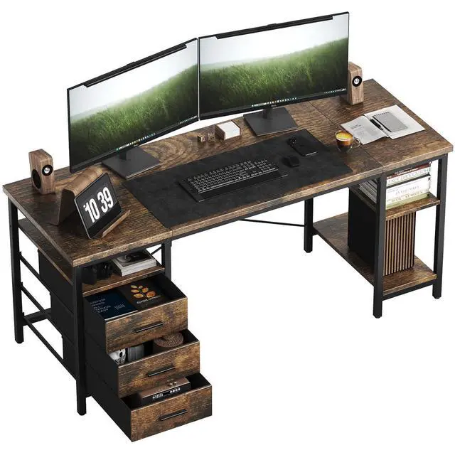 Alt view image 3 of 7 - 47" Computer Desk, Home Office Desk with 3 Reversible Storage Shelves and Drawers, Small PC Table for Bedroom, Brown