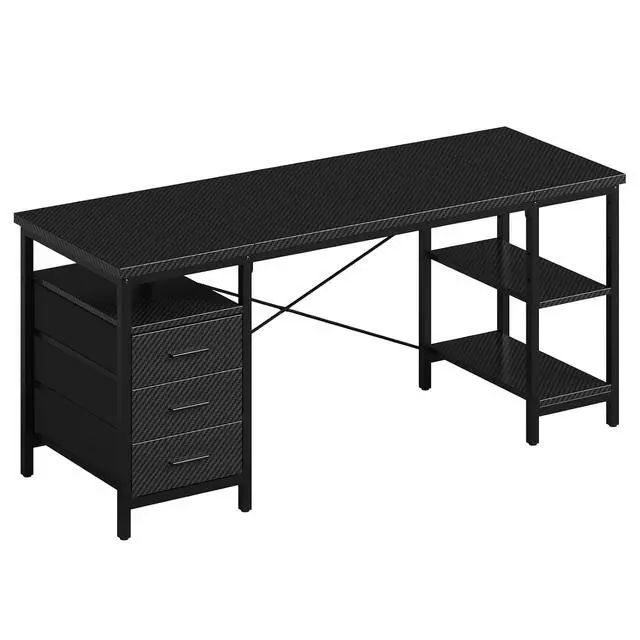Alt view image 4 of 6 - 47" Computer Desk, Home Office Desk with 3 Reversible Storage Shelves and Drawers, Small PC Table for Bedroom, Black PC Desk