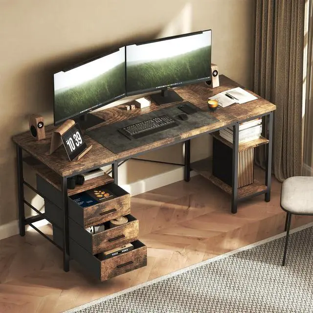 Main image of 63" Computer Desk, Home Office Desk with 3 Drawers and Storage Shelves, PC Table Large Desk for Bedroom, Brown