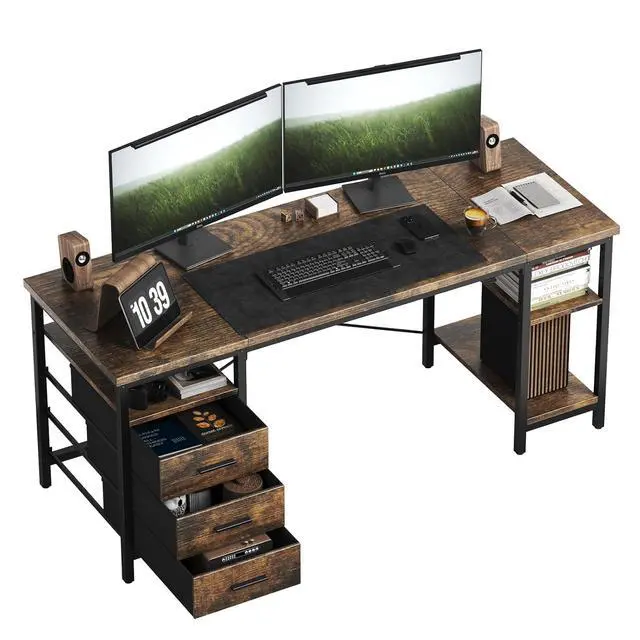 Alt view image 6 of 6 - 63" Computer Desk, Home Office Desk with 3 Drawers and Storage Shelves, PC Table Large Desk for Bedroom, Brown