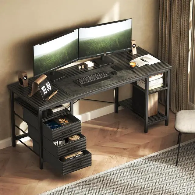 Alt view image 6 of 6 - 55" Gaming Desk, Home Office Computer Desk with 3 Drawers and Storage Shelves, Black PC Desk