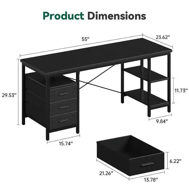 Alt view image 2 of 6 - 55" Gaming Desk, Home Office Computer Desk with 3 Drawers and Storage Shelves, Black PC Desk