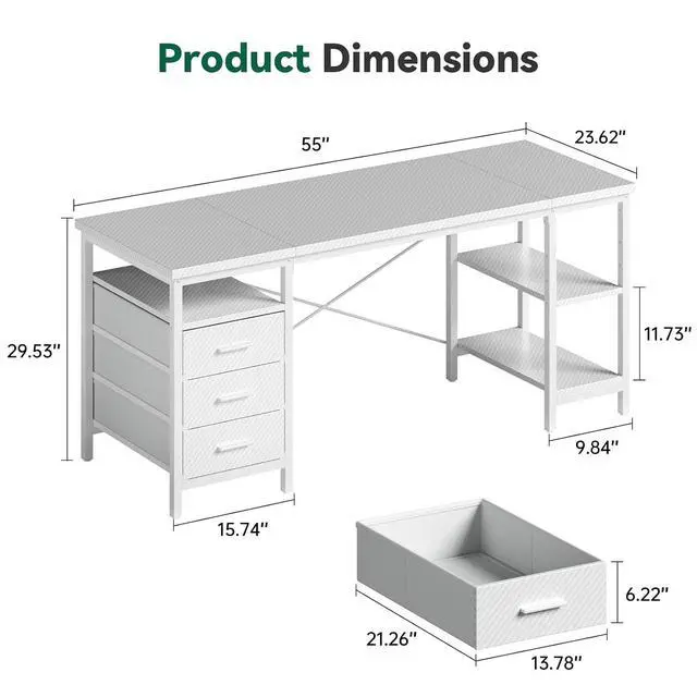 Alt view image 2 of 6 - 55" Computer Desk, Home Office Desk with 3 Drawers and Storage Shelves, PC Table Desk for Bedroom, White