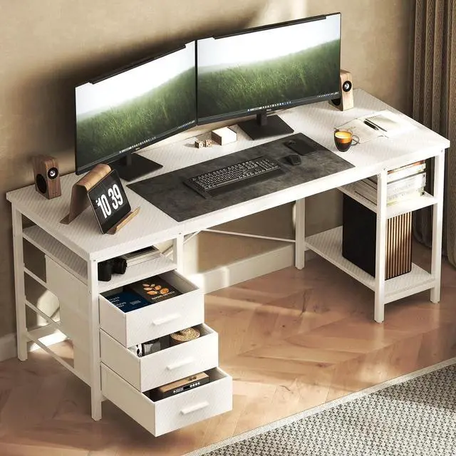 Main image of 55" Computer Desk, Home Office Desk with 3 Drawers and Storage Shelves, PC Table Desk for Bedroom, White