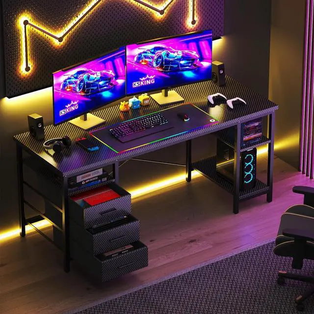 Main image of 47" Gaming Desk, Home Office Computer Desk with 3 Drawers and Storage Shelves, Black PC Desk