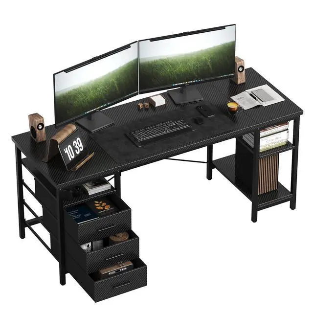 Alt view image 3 of 6 - 47" Gaming Desk, Home Office Computer Desk with 3 Drawers and Storage Shelves, Black PC Desk