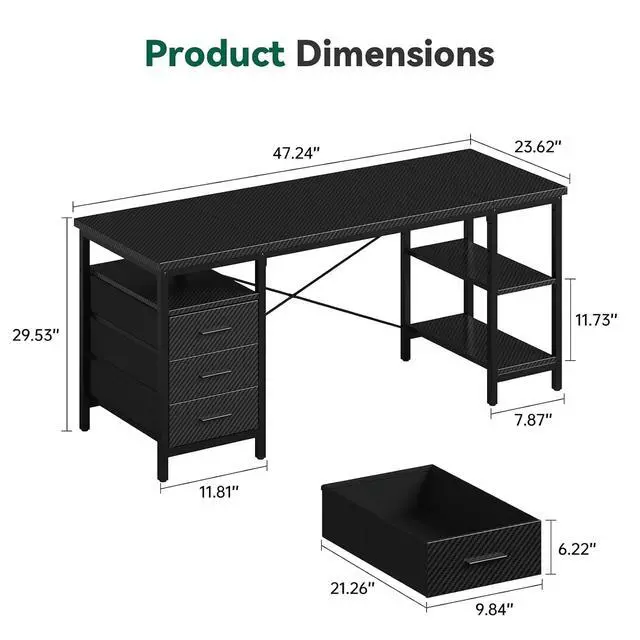 Alt view image 2 of 6 - 47" Gaming Desk, Home Office Computer Desk with 3 Drawers and Storage Shelves, Black PC Desk