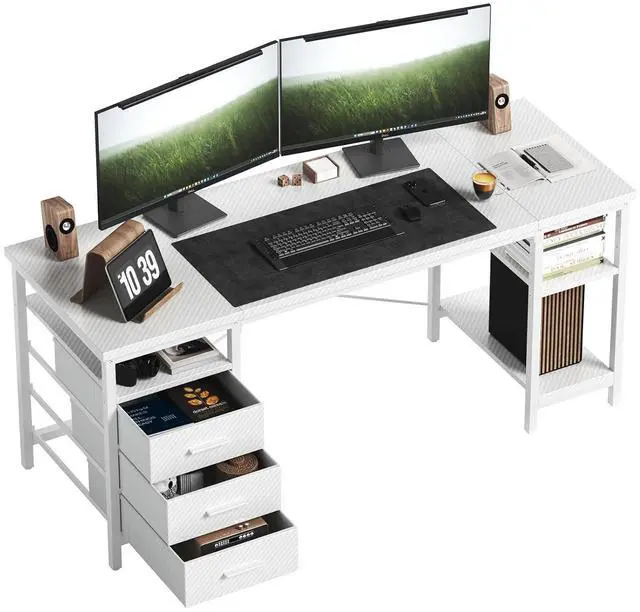 Alt view image 2 of 5 - 47" Computer Desk, Home Office Desk with 3 Reversible Storage Shelves and Drawers, Small PC Table for Bedroom, White