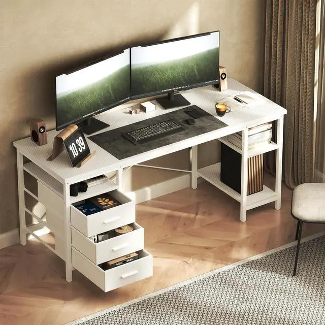Main image of 47" Computer Desk, Home Office Desk with 3 Reversible Storage Shelves and Drawers, Small PC Table for Bedroom, White