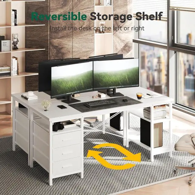 Alt view image 3 of 5 - 47" Computer Desk, Home Office Desk with 3 Reversible Storage Shelves and Drawers, Small PC Table for Bedroom, White