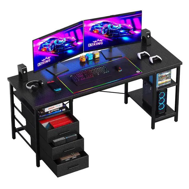 Alt view image 4 of 6 - 47" Gaming Desk, Home Office Computer Desk with 3 Drawers and Storage Shelves, Black PC Desk