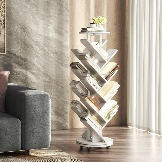 Main image of 17-Tier Bookshelf, 360° Rotating Display Tree Bookcase, Standing Storage Shelf Book Organizer Shelves for Home Office, Living Room, White