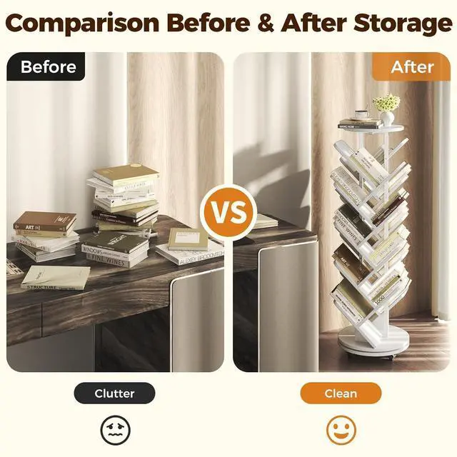 Alt view image 2 of 7 - 17-Tier Bookshelf, 360° Rotating Display Tree Bookcase, Standing Storage Shelf Book Organizer Shelves for Home Office, Living Room, White
