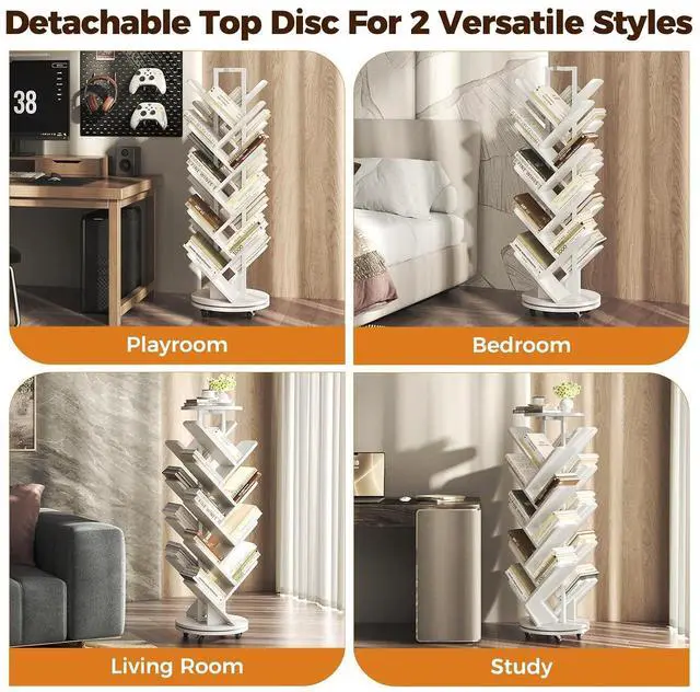 Alt view image 3 of 7 - 17-Tier Bookshelf, 360° Rotating Display Tree Bookcase, Standing Storage Shelf Book Organizer Shelves for Home Office, Living Room, White