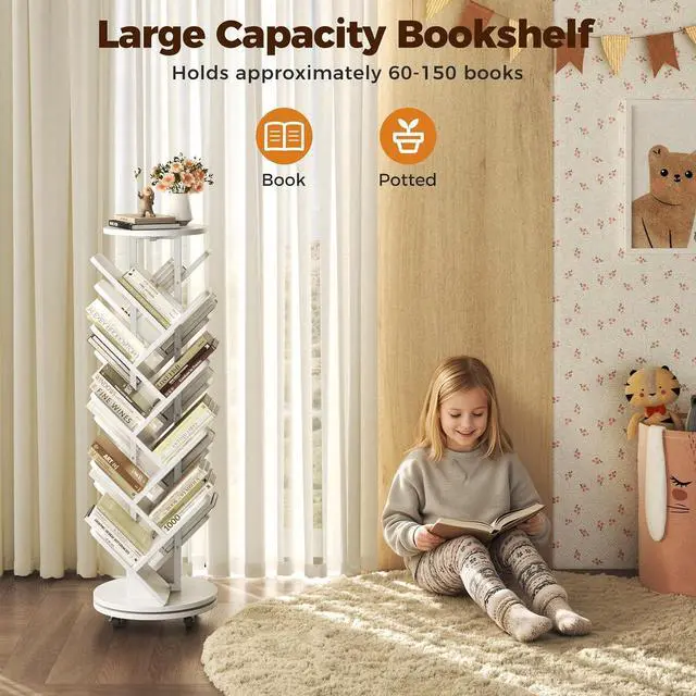 Alt view image 4 of 7 - 17-Tier Bookshelf, 360° Rotating Display Tree Bookcase, Standing Storage Shelf Book Organizer Shelves for Home Office, Living Room, White