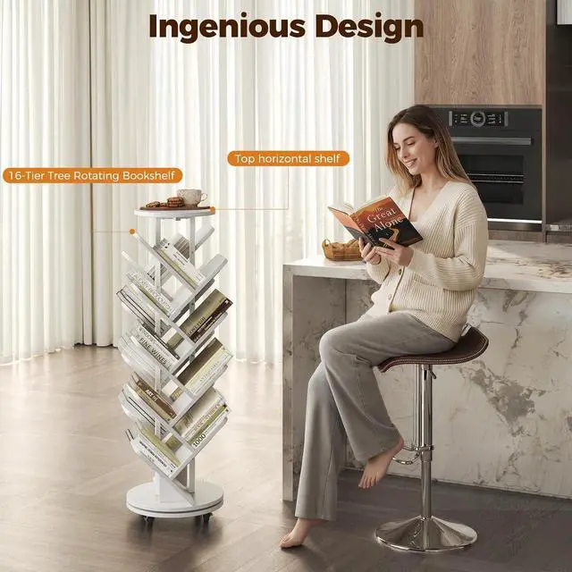 Alt view image 5 of 7 - 17-Tier Bookshelf, 360° Rotating Display Tree Bookcase, Standing Storage Shelf Book Organizer Shelves for Home Office, Living Room, White
