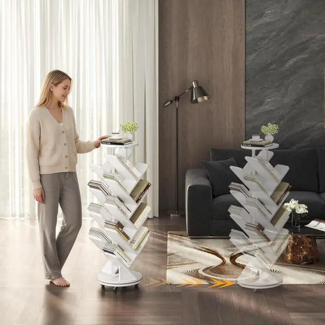 Alt view image 7 of 7 - 17-Tier Bookshelf, 360° Rotating Display Tree Bookcase, Standing Storage Shelf Book Organizer Shelves for Home Office, Living Room, White