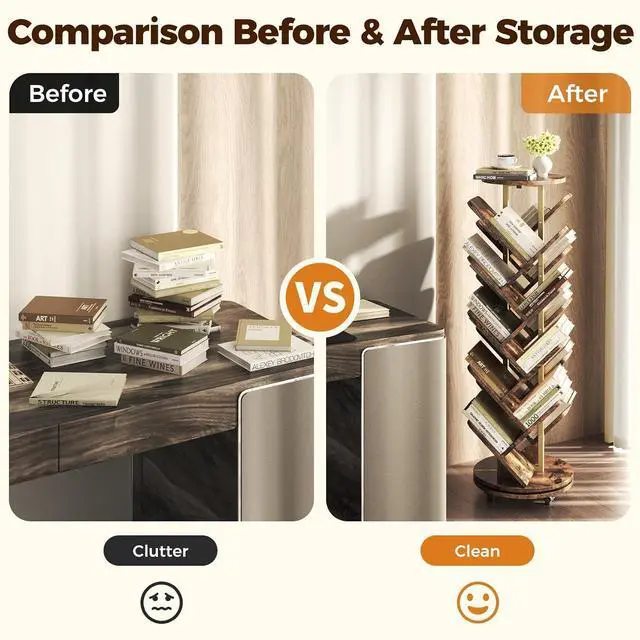 Alt view image 3 of 7 - 17-Tier Bookshelf, 360° Rotating Display Tree Bookcase, Standing Storage Shelf Book Organizer Shelves for Home Office, Living Room, Brown