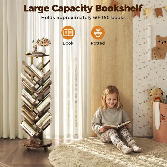 Alt view image 2 of 7 - 17-Tier Bookshelf, 360° Rotating Display Tree Bookcase, Standing Storage Shelf Book Organizer Shelves for Home Office, Living Room, Brown