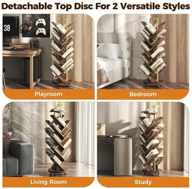 Alt view image 4 of 7 - 17-Tier Bookshelf, 360° Rotating Display Tree Bookcase, Standing Storage Shelf Book Organizer Shelves for Home Office, Living Room, Brown