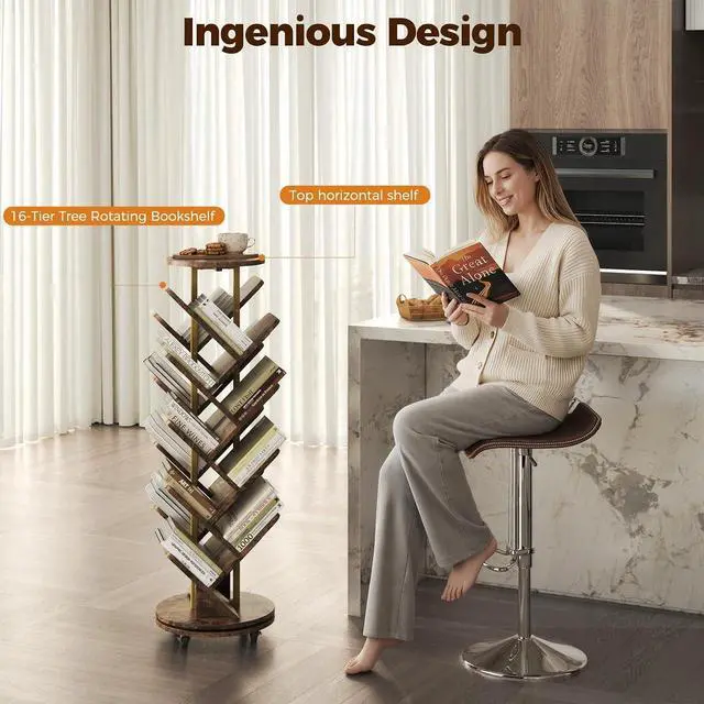 Alt view image 5 of 7 - 17-Tier Bookshelf, 360° Rotating Display Tree Bookcase, Standing Storage Shelf Book Organizer Shelves for Home Office, Living Room, Brown