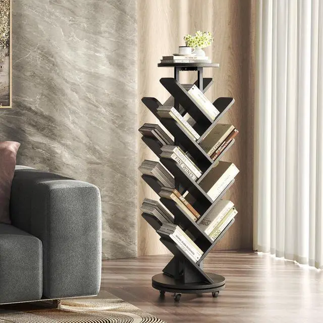 Main image of 17-Tier Bookshelf, 360° Rotating Display Tree Bookcase, Standing Storage Shelf Book Organizer Shelves for Home Office, Living Room, Black