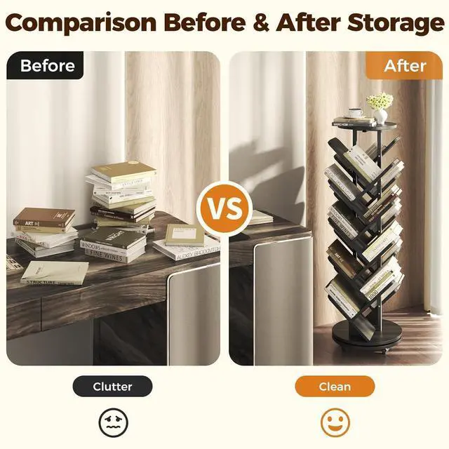 Alt view image 4 of 7 - 17-Tier Bookshelf, 360° Rotating Display Tree Bookcase, Standing Storage Shelf Book Organizer Shelves for Home Office, Living Room, Black