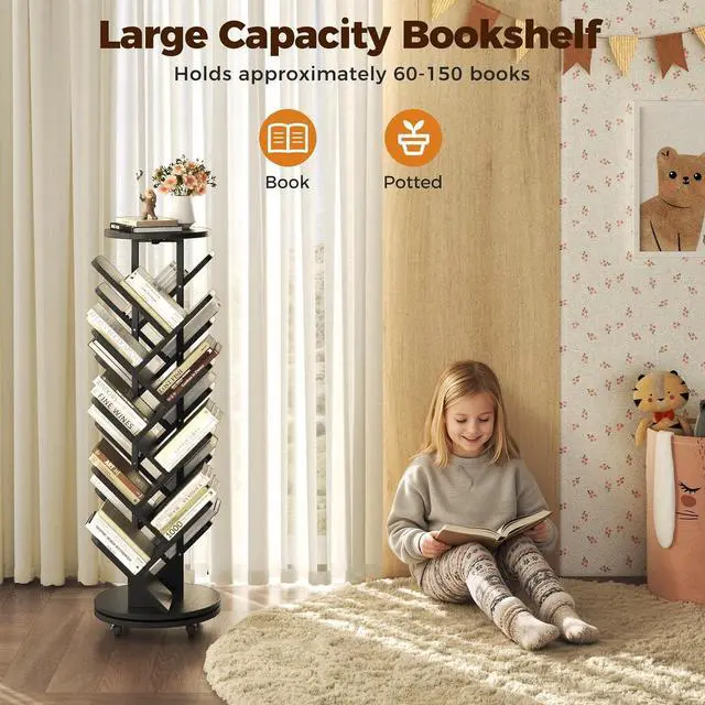 Alt view image 3 of 7 - 17-Tier Bookshelf, 360° Rotating Display Tree Bookcase, Standing Storage Shelf Book Organizer Shelves for Home Office, Living Room, Black
