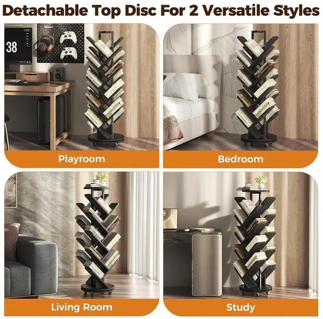 Alt view image 5 of 7 - 17-Tier Bookshelf, 360° Rotating Display Tree Bookcase, Standing Storage Shelf Book Organizer Shelves for Home Office, Living Room, Black
