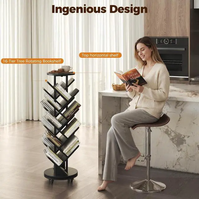 Alt view image 6 of 7 - 17-Tier Bookshelf, 360° Rotating Display Tree Bookcase, Standing Storage Shelf Book Organizer Shelves for Home Office, Living Room, Black
