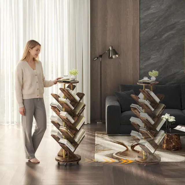 Alt view image 7 of 7 - 17-Tier Bookshelf, 360° Rotating Display Tree Bookcase, Standing Storage Shelf Book Organizer Shelves for Home Office, Living Room, Brown