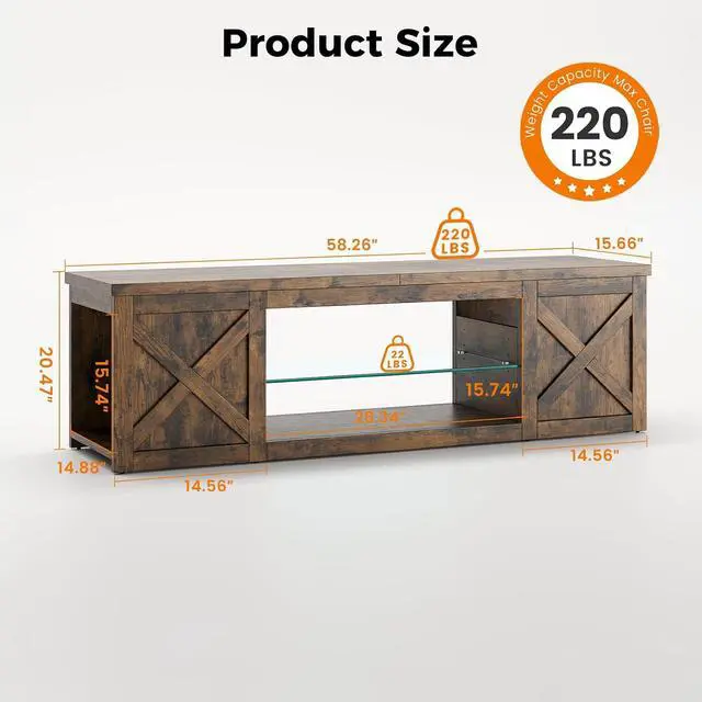 Alt view image 3 of 7 - Farmhouse TV Stand for TVs Up to 65" with LED Light Entertainment Center, Open Storage TV Cabinet for Living Room, Brown