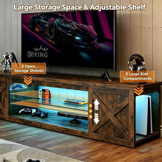 Alt view image 5 of 7 - Farmhouse TV Stand for TVs Up to 65" with LED Light Entertainment Center, Open Storage TV Cabinet for Living Room, Brown
