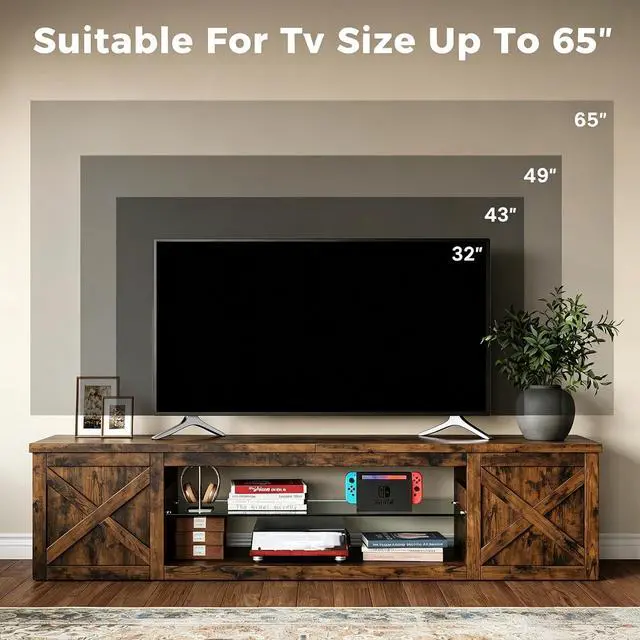 Alt view image 6 of 7 - Farmhouse TV Stand for TVs Up to 65" with LED Light Entertainment Center, Open Storage TV Cabinet for Living Room, Brown