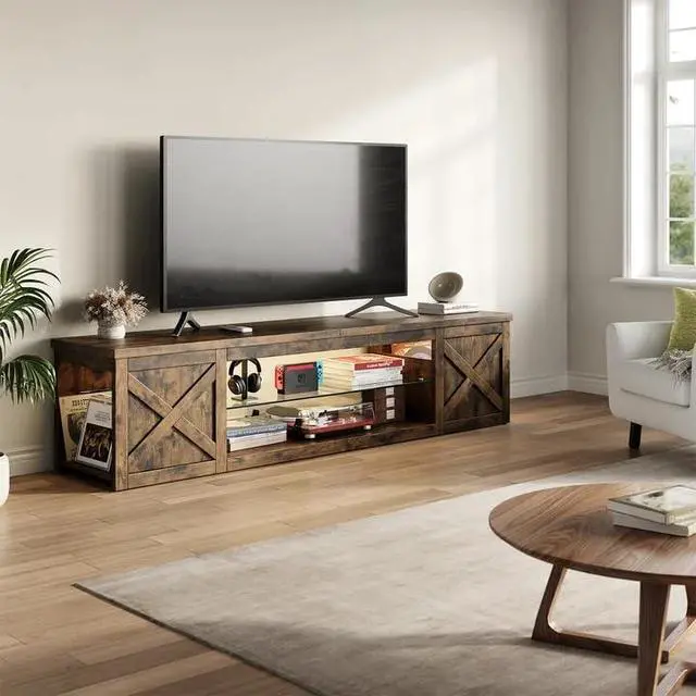 Alt view image 7 of 7 - Farmhouse TV Stand for TVs Up to 65" with LED Light Entertainment Center, Open Storage TV Cabinet for Living Room, Brown