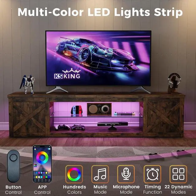 Alt view image 4 of 7 - Farmhouse TV Stand for TVs Up to 65" with LED Light Entertainment Center, Open Storage TV Cabinet for Living Room, Brown