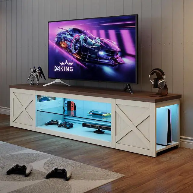 Alt view image 5 of 7 - Farmhouse TV Stand for TVs Up to 80" with LED Light Entertainment Center, Open Storage TV Cabinet for Living Room, White