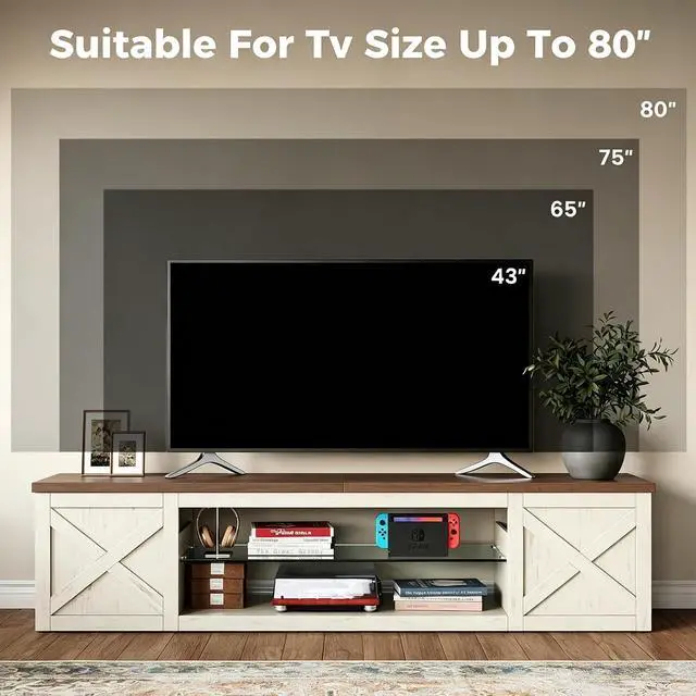 Alt view image 4 of 7 - Farmhouse TV Stand for TVs Up to 80" with LED Light Entertainment Center, Open Storage TV Cabinet for Living Room, White