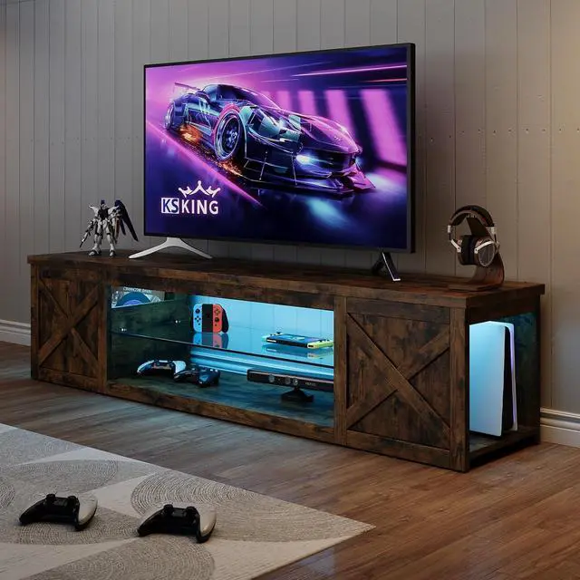 Alt view image 4 of 7 - Farmhouse TV Stand for TVs Up to 80" with LED Light Entertainment Center, Open Storage TV Cabinet for Living Room, Brown