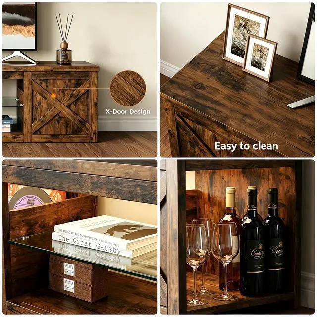 Alt view image 3 of 7 - Farmhouse TV Stand for TVs Up to 80" with LED Light Entertainment Center, Open Storage TV Cabinet for Living Room, Brown