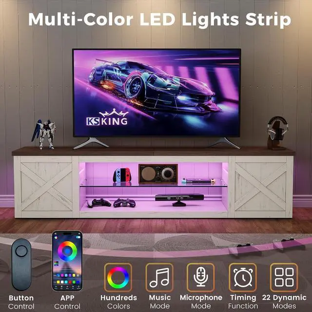 Alt view image 6 of 7 - Farmhouse TV Stand for TVs Up to 80" with LED Light Entertainment Center, Open Storage TV Cabinet for Living Room, White
