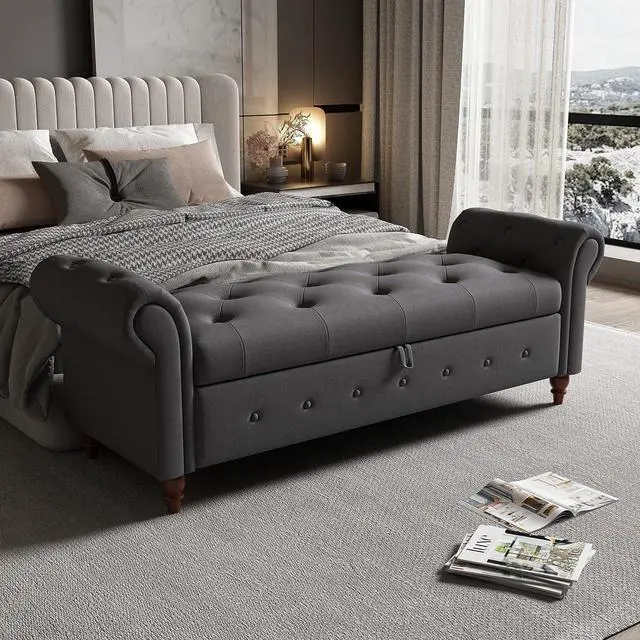 Main image of 63" Tufted Storage Bench for Bedroom End of Bed,Upholstered Storages Ottoman Benchs for livingroom,Rolled Arm Window BenchSeat with Solid Wood Legs(Grey)