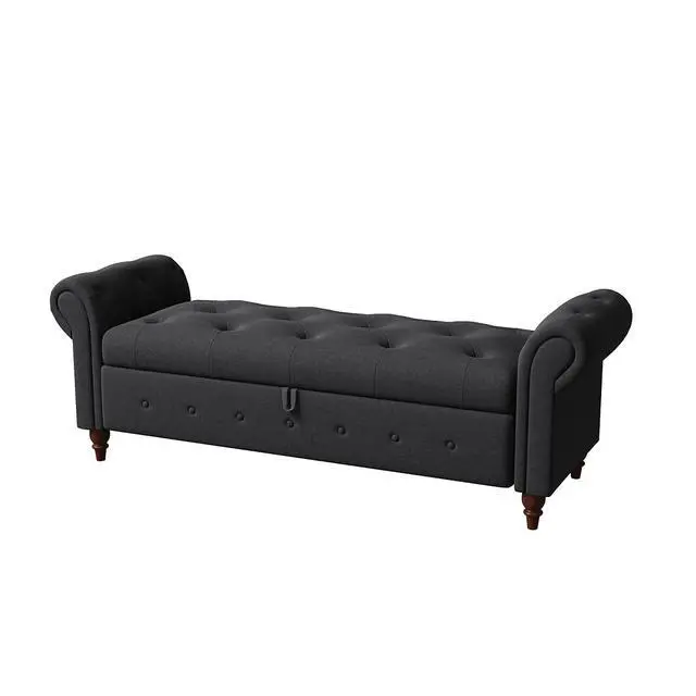 Alt view image 5 of 6 - 63" Tufted Storage Bench for Bedroom End of Bed,Upholstered Storages Ottoman Benchs for livingroom,Rolled Arm Window BenchSeat with Solid Wood Legs(Grey)