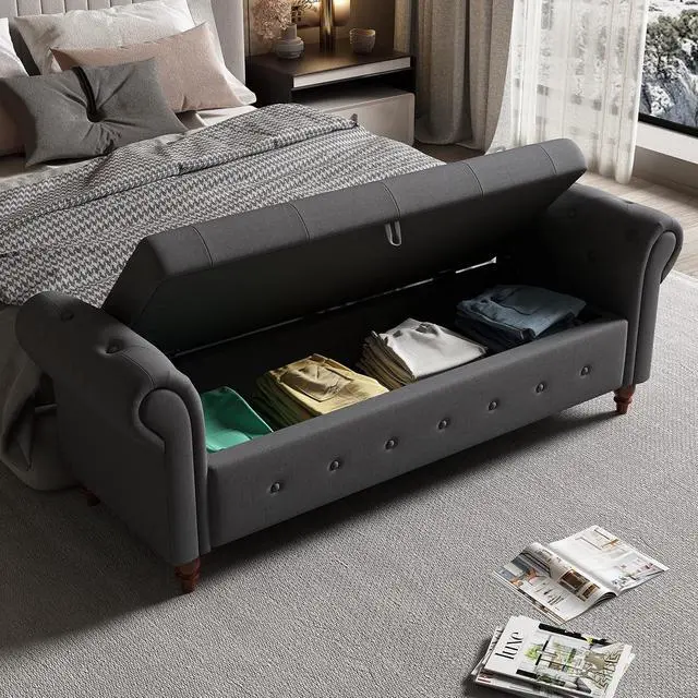 Alt view image 3 of 6 - 63" Tufted Storage Bench for Bedroom End of Bed,Upholstered Storages Ottoman Benchs for livingroom,Rolled Arm Window BenchSeat with Solid Wood Legs(Grey)