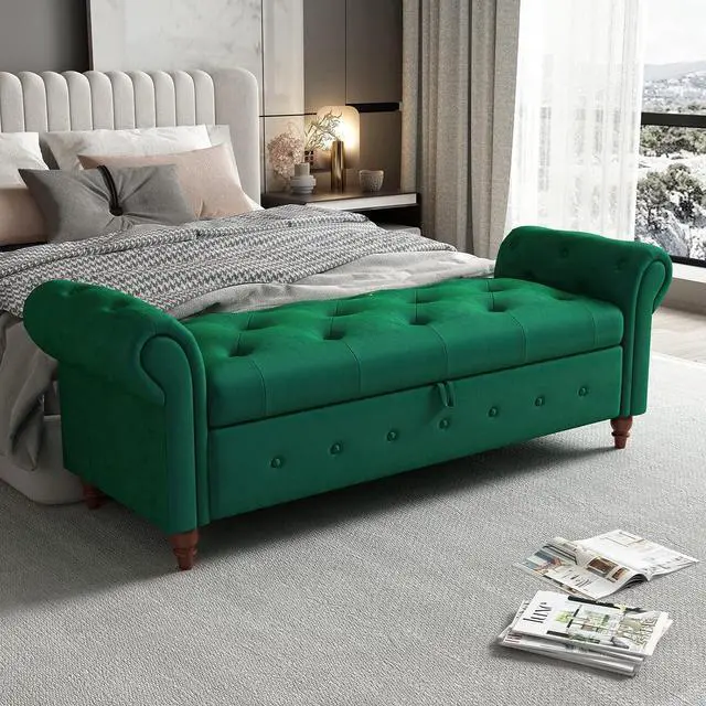 Main image of 63" Tufted Storage Bench for Bedroom End of Bed,Velvet Upholstered Storage Ottoman Bench for Bedroom,Rolled Arm Window Bench Seat with Solid Wood Legs(Green)