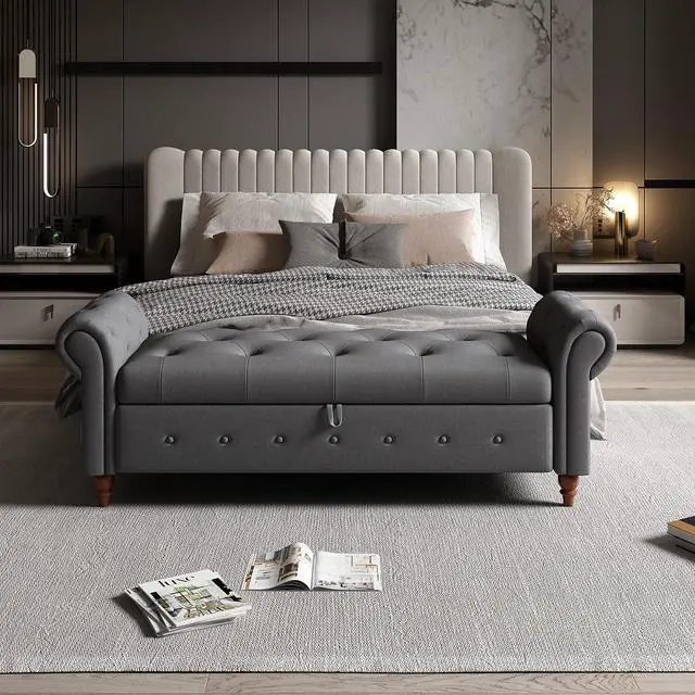 Alt view image 6 of 6 - 63" Tufted Storage Bench for Bedroom End of Bed,Upholstered Storages Ottoman Benchs for livingroom,Rolled Arm Window BenchSeat with Solid Wood Legs(Grey)