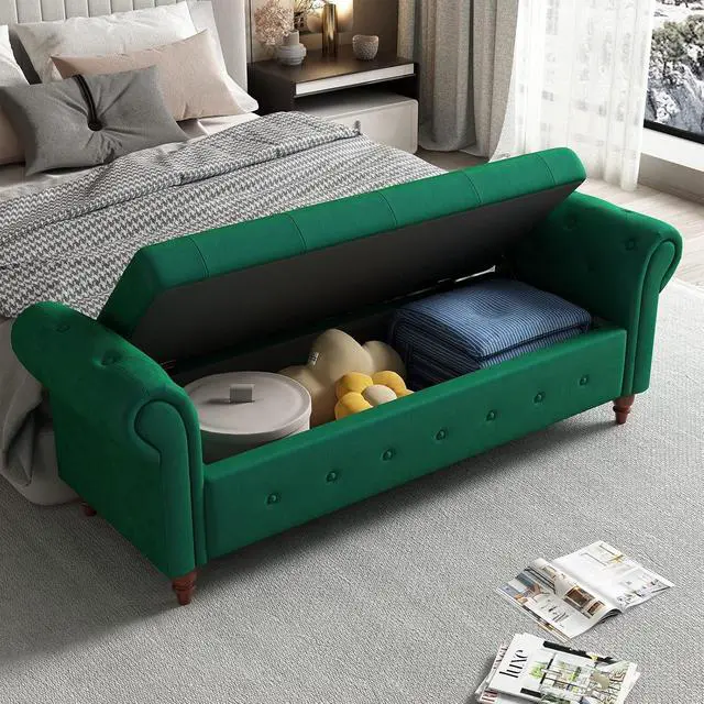 Alt view image 3 of 6 - 63" Tufted Storage Bench for Bedroom End of Bed,Velvet Upholstered Storage Ottoman Bench for Bedroom,Rolled Arm Window Bench Seat with Solid Wood Legs(Green)