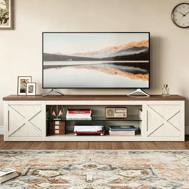 Main image of Farmhouse TV Stand for TVs Up to 65" with LED Light Entertainment Center, Open Storage TV Cabinet for Living Room, White