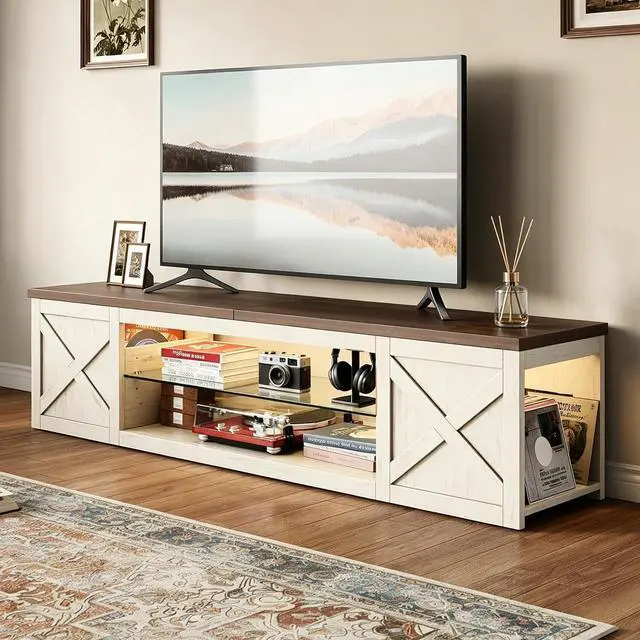Alt view image 2 of 7 - Farmhouse TV Stand for TVs Up to 65" with LED Light Entertainment Center, Open Storage TV Cabinet for Living Room, White